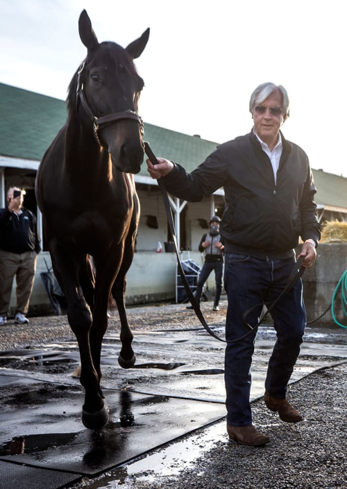 Medina Spirit, pictured here with Baffert in 2021, died later that year. The horse collapsed after a five-furlong workout at Santa Anita Park.